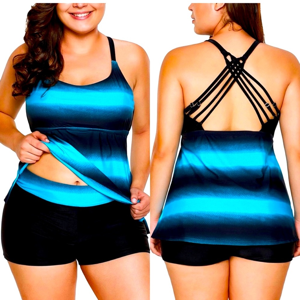 YOUNGSUN Womens Color Block Plus Size Tankini Set Swimwear Boyshort M